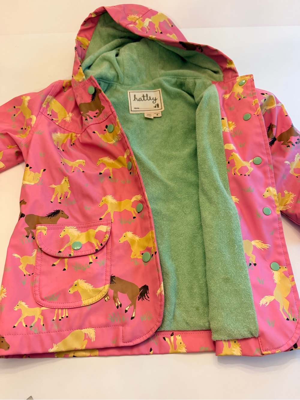 Hatley Kids Rain Jacket – Pink Wild Horses Print – Size 4